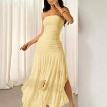 PETITE Vestido para mujer con dobladillo asimétrico y volantes sin tirantes, adecuado para citas y temporada de bodas, vestidos de verano para mujeres - Amarillo - Ver 1