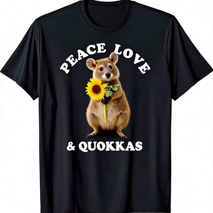 Women's Kawaii Quokka Sunflower Print T-Shirt, Soft Casual Short Sleeve Crew Neck Lettering Top, Women's Clothing - 彩色 - 查看 1