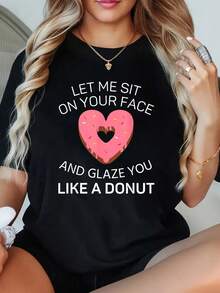 1 Pieza Camiseta de Mujer Talla Grande con Estampado Gráfico 'Déjame Sentarme en Tu Cara y Te Haré Suave Como un Donut', Manga Corta, 220g, Novedosa, 100% Poliéster, Cuello Redondo Casual - Negro - Ver 1