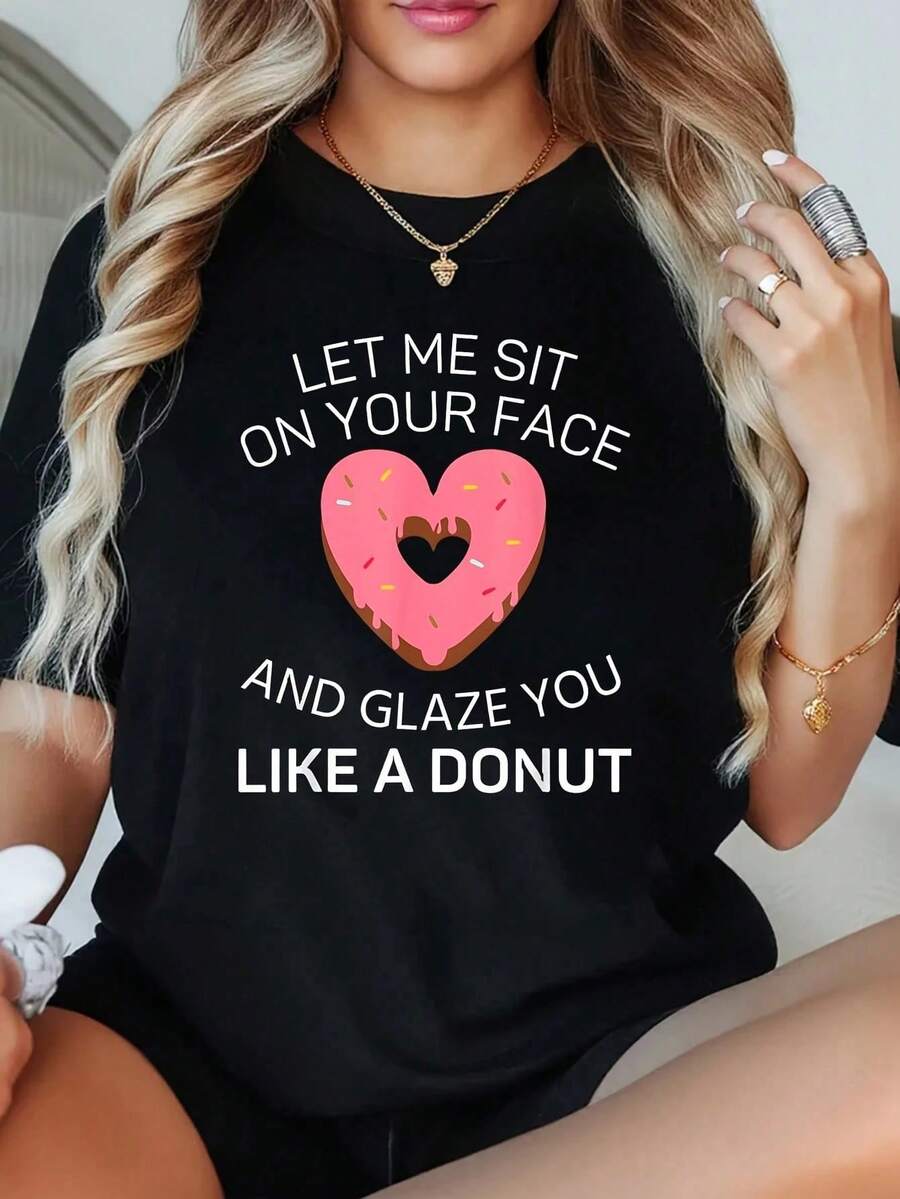 1 Pieza Camiseta de Mujer Talla Grande con Estampado Gráfico 'Déjame Sentarme en Tu Cara y Te Haré Suave Como un Donut', Manga Corta, 220g, Novedosa, 100% Poliéster, Cuello Redondo Casual - Negro - Ver 1