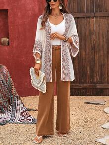 Plus Size Women's Geometric Pattern Loose Fit Vacation Cardigan - Apricot - View 7
