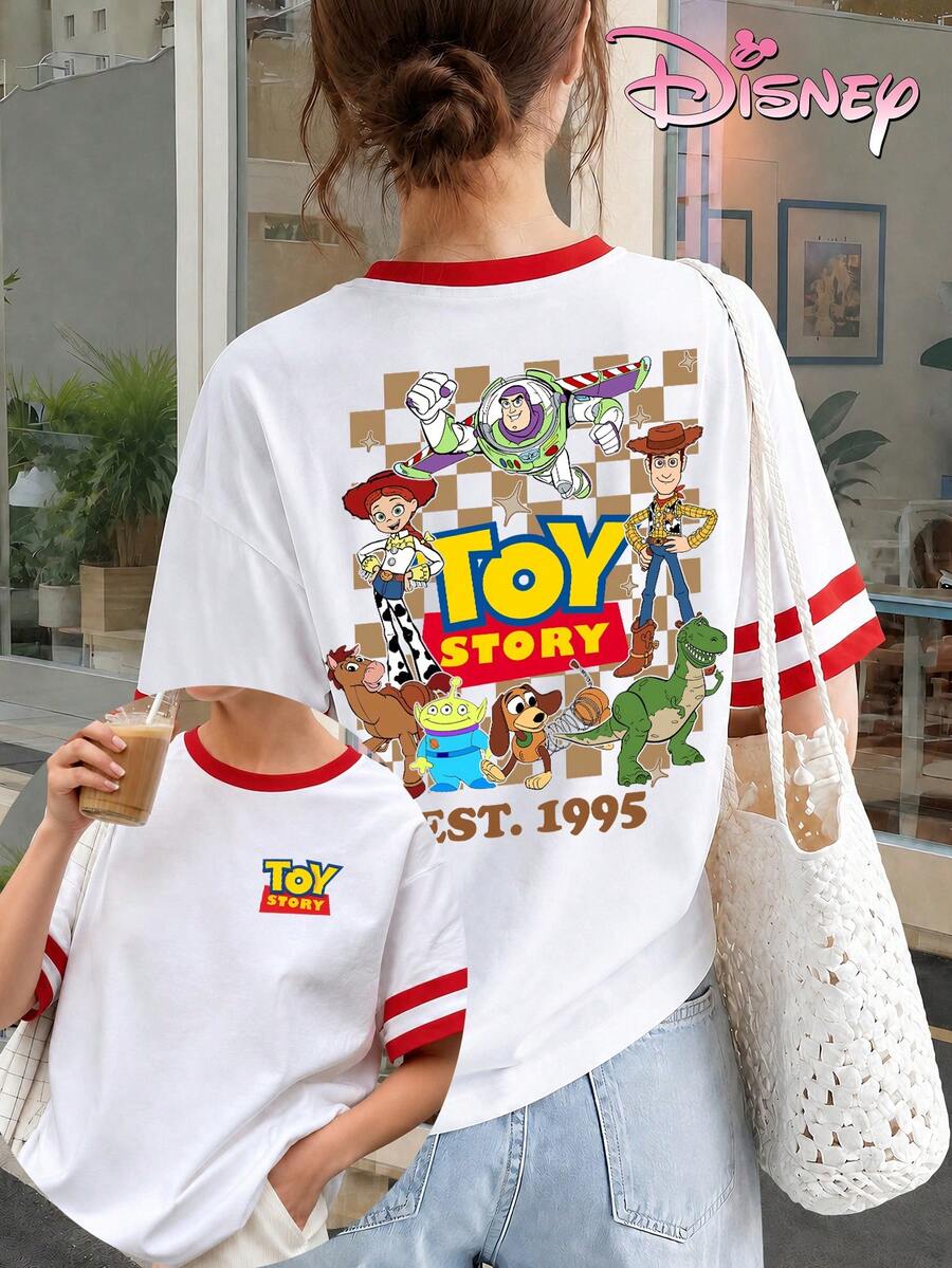 Disney Women's Pure Cotton White And Red Striped T-Shirt, With A Playful Cartoon Style And Toy Story Character Prints, Featuring An American Retro Style. - White - View 1