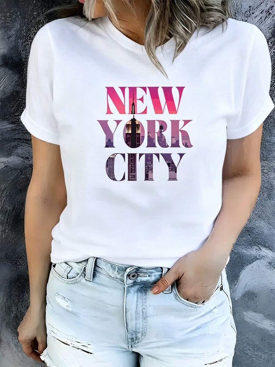 Playera Casual de Mujer con Estampado "New York City", Cuello Redondo y Manga Corta, Estilo Urbano Juvenil.