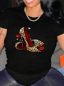 Camiseta estampada con zapatos de tacón de leopardo, cuello redondo casual y mangas cortas para primavera y verano, ropa de mujer - Negro - Ver 14