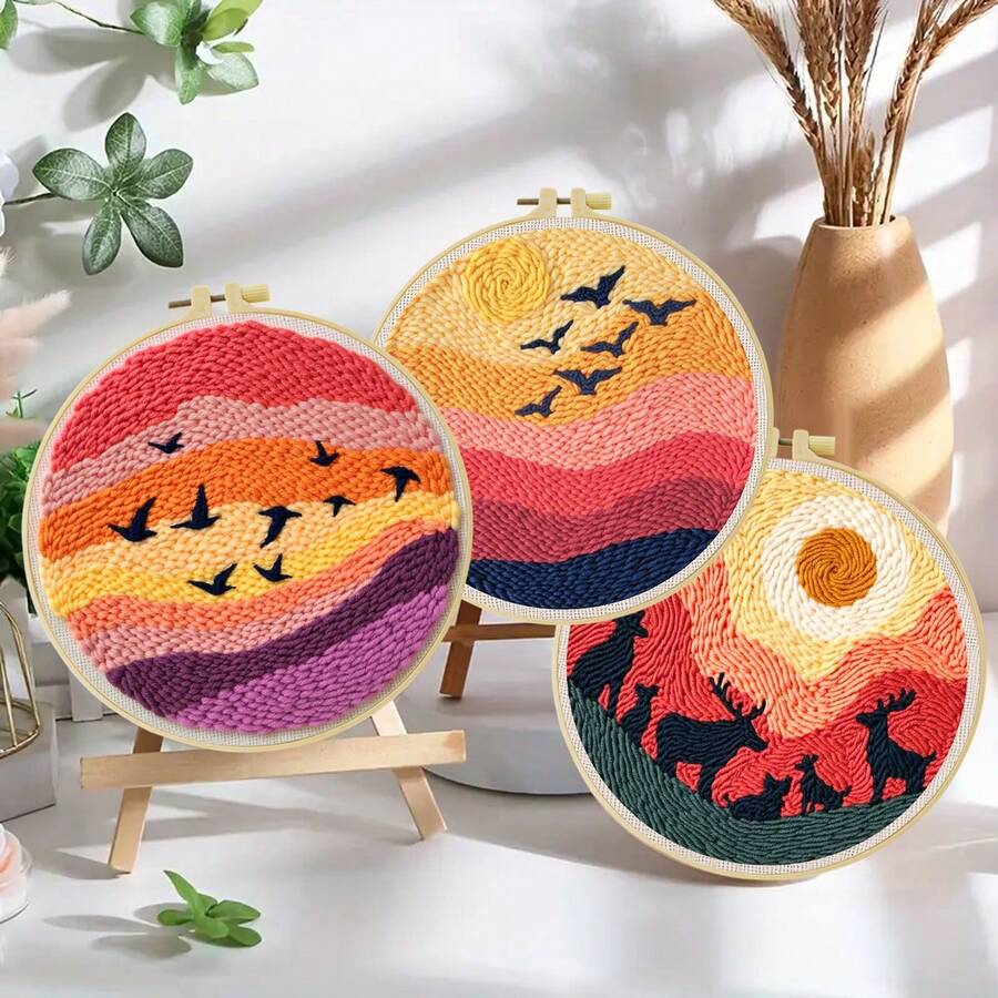 1套2D成人初學者戳戳繡刺繡套裝,20*20cm/7.8*7.8in,日落風景主題,含預印圖案、毛線、刺繡框及戳戳繡工具,完整DIY手工戳戳繡,DIY禮品套裝,適合送給家人、朋友、同學生日,客廳臥室家居裝飾 - A - 查看 1