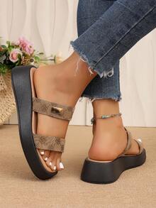A Pair Khaki Monogram Double-Band Platform Slides, Slip-On Platform Slide Sandals,Casual Thick-Soled Sandals,Height-Increasing Platform Casual Slides - Camel - View 8