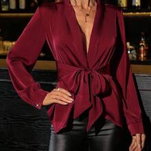 Clasi Blusa elegante de mujer de manga larga con cintura realzada y moño en color rojo vino, blusa de mujer para otoño/invierno - Negro01 - Ver 6