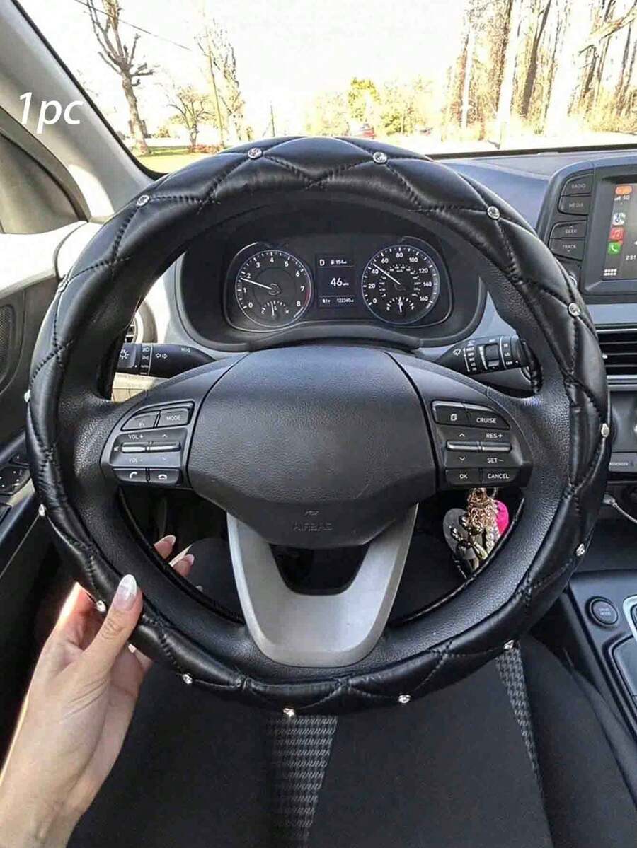 1pc Diamond Leather Shiny Universal Car Steering Wheel Cover 15 Inch - Black & White - Black - View 1