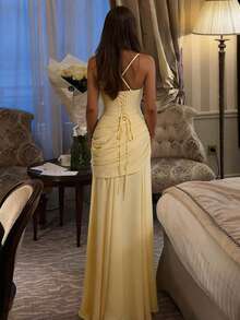 Elegant Sleeveless Long Party Dress For Women, Solid Color, European Style, New Fashion Wrap Dress - 黃色 - 查看 8