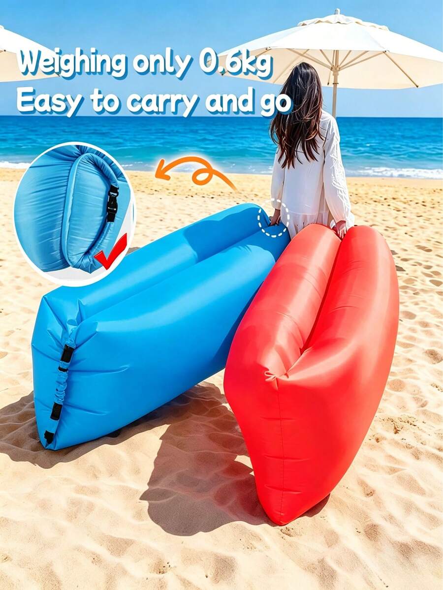 1 pieza Silla de ocio inflable para exteriores, sofá de cojín de aire para playa, opciones de multicolor, hecho de material grueso y duradero, con bolsa de almacenamiento para un fácil plegado y transporte, adecuado para viajes, campamentos, playa, picnics y otros escenarios
