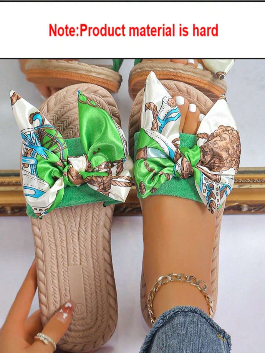 清新優雅系列簡約風絲綢蝴蝶結拖鞋,隨機印花綠色元素,女款休閒防滑涼拖鞋 - 綠色 - 查看 1