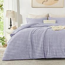 Cozy Bedding Ensemble - Ultra Plush Faux Fur Striped Jacquard Comforter 3pcs Set, Fleece Bed, Winter Warmth Bedding, Comforter With Pillow Covers - 淺紫色 - 查看 8
