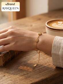 RAYQUEEN 1pc Floral Fresh Design Daisy Stainless Steel Gold Plated Bracelet Non-Fading Influencer Blogger Jewelry - Yellow Gold - View 2