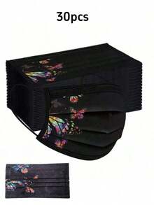 10/30pcs New Style Individually Packaged Black Butterfly Print Face Masks, Women's Daily Outdoor Use Face Cover, Elegant Breathable Non-Woven Fabric Fashion Protective Mask - Black - View 8