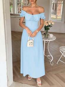 Women's Elegant Square Neck Maxi Dress, Puff Short Sleeve Tie Front A-Line Long Dress, High Waist Corset Detail Flowy Swing Dress, Casual Chic Evening Party Cocktail Dress, Summer Vacation - Light Blue - 查看 2