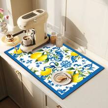 1pc Dish Drying Mat, Coffee Machine Mat, Lemon Floral With Blue Vintage Pattern Print Polyester Fiber Absorbent Mat, Highly Absorbent, Durable, Suitable For Dining Table, Cafe And Other Scenes, Fresh And Elegant Design Fits Various Dining Spaces, Multi-Purpose Drainage Mat, Home Gift, Tabletop Decor - XYLSD-500 - View 3