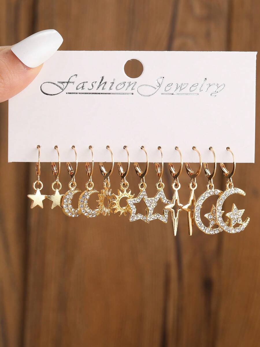 Juego de 6 piezas/Set de pendientes con colgante de estrella y luna de strass para niñas, adecuado para decoración diaria - Dorado - Ver 1