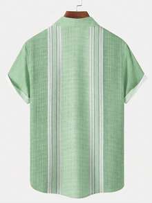 Vintage Geometric Bowling Colorblock Print Men's Lightweight Loose Button-Up Pocket Short Sleeve Shirt - Green - View 2