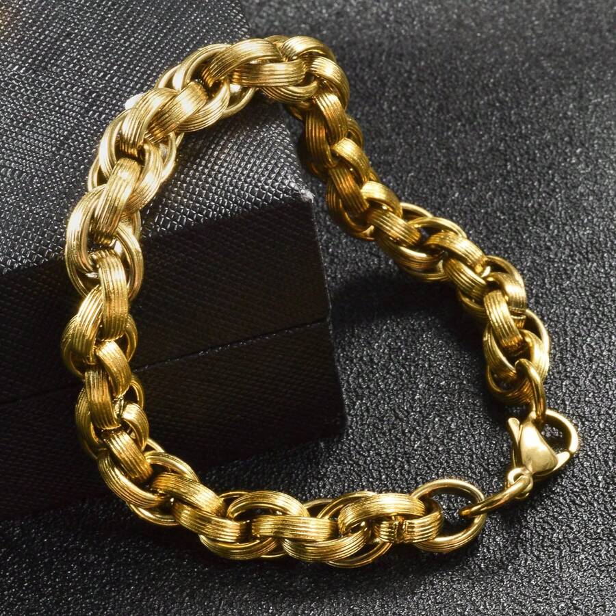 1件 18K鍍金不鏽鋼扭曲交織 9mm厚手鍊 嘻哈風格 男士日常配戴 - 金色 - 查看 1