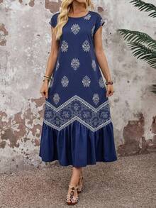 Vestido largo de manga corta para mujer con estampado a rayas, unicolor y bajo en la Bottom - Azul marino 2 - Ver 1