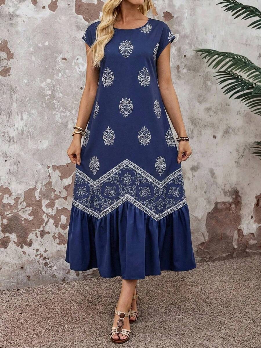 Vestido largo de manga corta para mujer con estampado a rayas, unicolor y bajo en la Bottom - Azul marino 2 - Ver 1