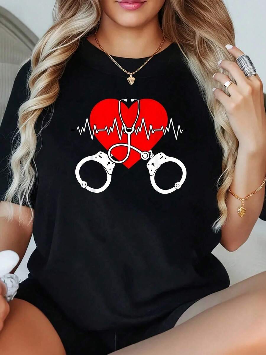 1 Women's Plus Size Cotton T-Shirt For Cardiac Correction Nurses, 220g Short Sleeve Graphic T-Shirt, Novelty, 100% Polyester, Casual Crew Neck - 黑色 - 查看 1