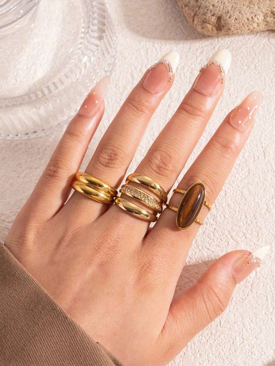 3Pcs/Set Vintage Tiger's Eye & CZ Gold Plated Stackable Rings, Chunky Stainless Steel Statement Jewelry For Women - Yellow Gold - View 1