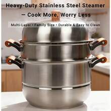 3-Tier Heavy-Duty Stainless Steel Steamer Pot With Glass Lid-Large-Capacity Multi-Use Steamer For Dumplings, Seafood & Vegetables, Wooden Cool-Touch Handles, Induction & Gas Compatible, Premium Kitchen Cookware - View 9