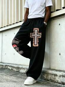 Men's Casual Loose Straight Leg Sweatpants, Spring/Autumn - Black - View 2