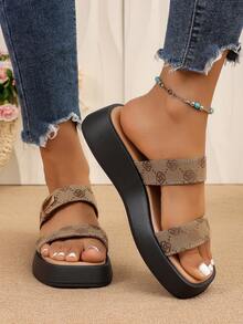 A Pair Khaki Monogram Double-Band Platform Slides, Slip-On Platform Slide Sandals,Casual Thick-Soled Sandals,Height-Increasing Platform Casual Slides - Camel - View 7