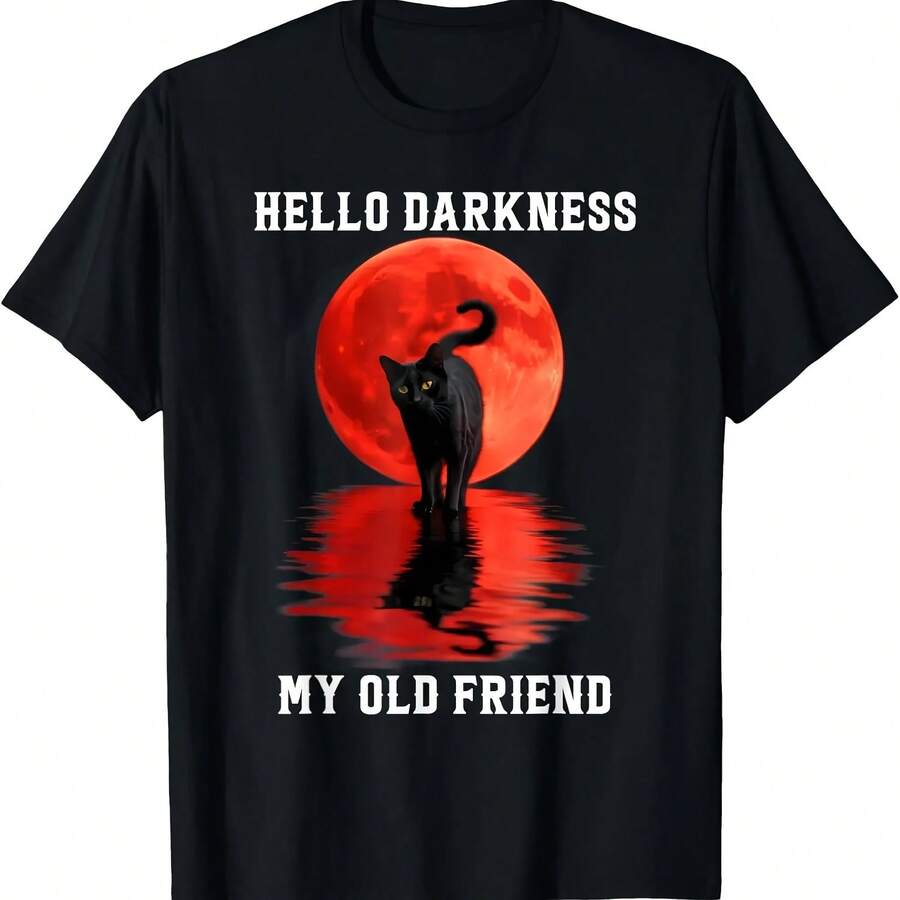 Camiseta de Algodón con Estampado de Gato y Frase 'Hello Darkness My Old Friend', Estilo Urbano, Holgada, Y2K, para Hombre y Mujer, Top de Verano, Informal, Moderno, para Regalo - Multicolor - Ver 1