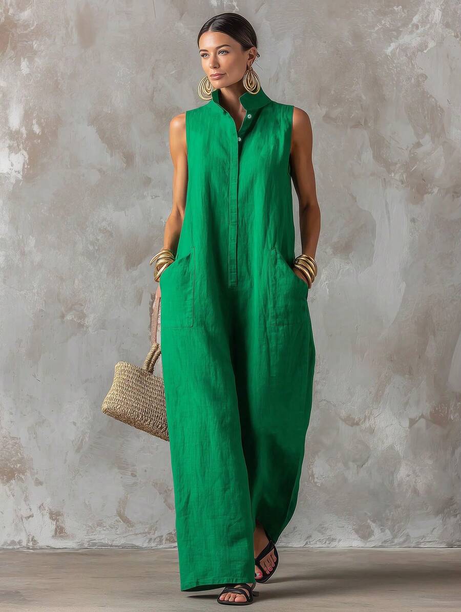 Women's Sleeveless Collared Button Front Top And Wide Leg Pants Two Piece Set Casual Linen Blend Outfit Collection - Green - View 1