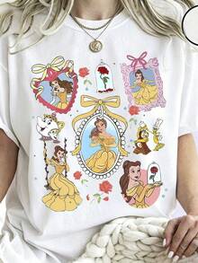 Oversize T-Shirt Disney Cartoon Yellow Skirt Princess Atmosphere Printed 100% Cotton For Women, Suitable For Daily Outings Summer Casual Wear - 白色 - 查看 1