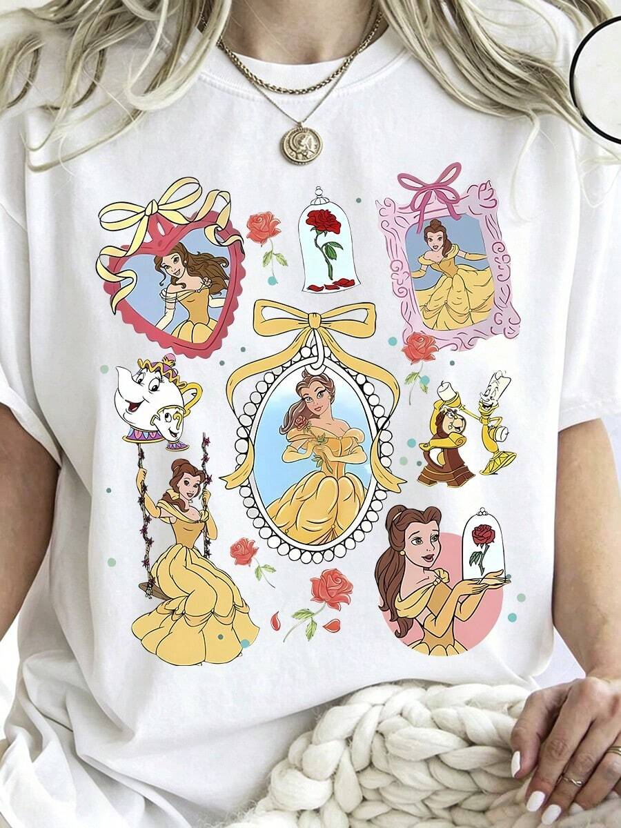Oversize T-Shirt Disney Cartoon Yellow Skirt Princess Atmosphere Printed 100% Cotton For Women, Suitable For Daily Outings Summer Casual Wear - 白色 - 查看 1