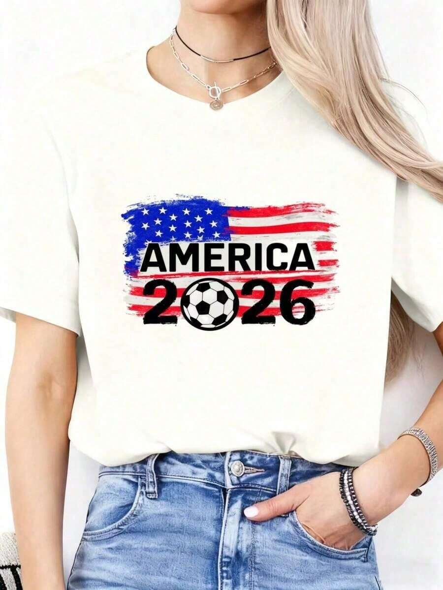 Women's Premium 2026 World Cup Themed T-Shirt, Pure Cotton, Short Sleeve, Printed With The 2026 World Cup Pattern In The USA, Casual And Minimalist Style - 白色 - 查看 1