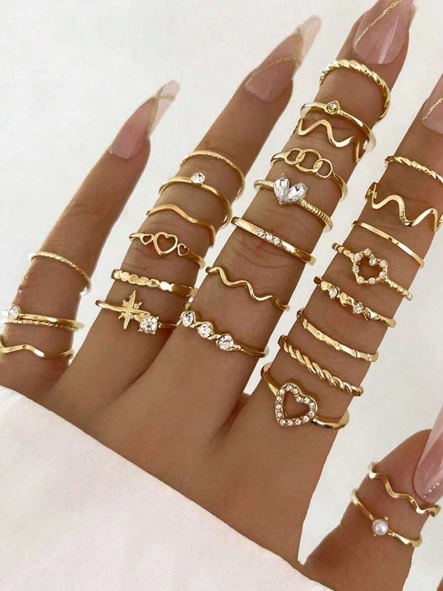 28pcs Minimalist Rhinestone Heart & Wave Design Gold Tone Knuckle Rings Set, Suitable For Daily And Holiday Wear - Gold - View 1