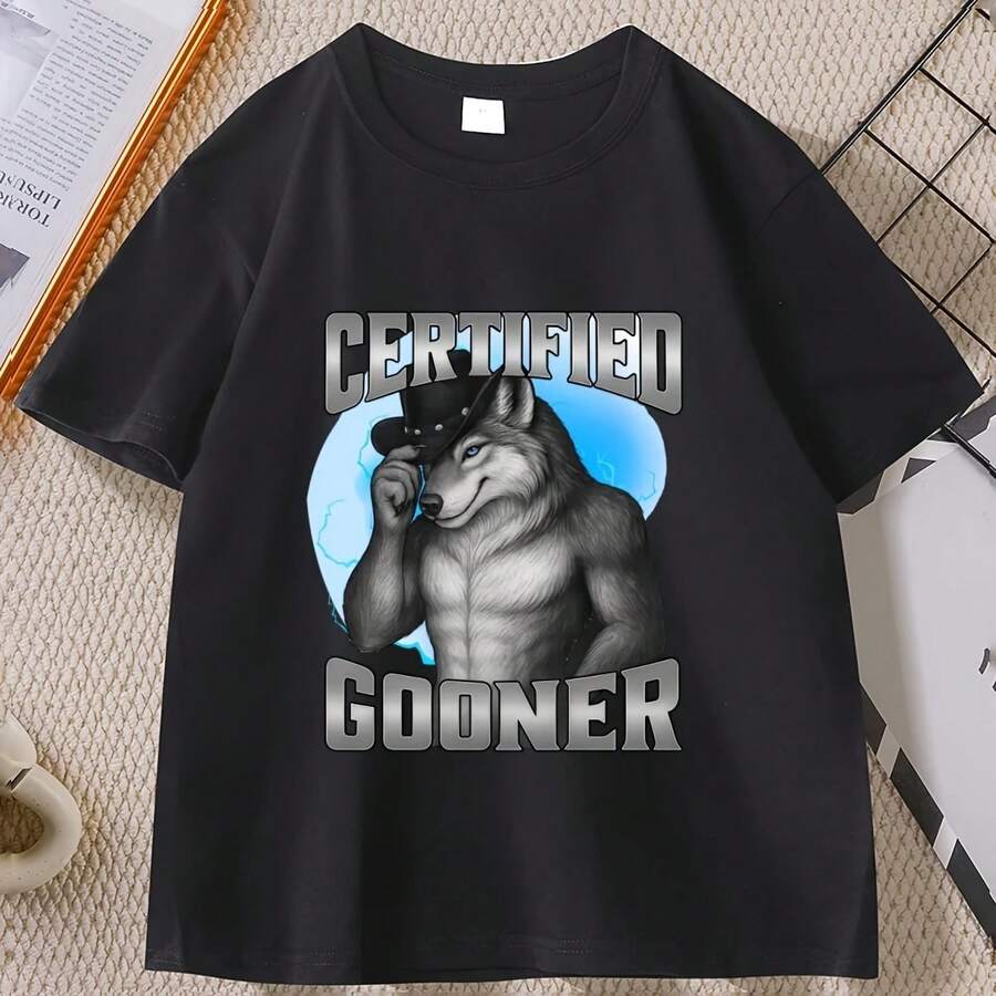 Certified Gooner T-Shirt, Funny Werewolf Meme T-Shirt, Casual Short Sleeve Cotton T-Shirt For Men And Women, Humor T-Shirt, Unisex Clothing - 彩色 - 查看 1
