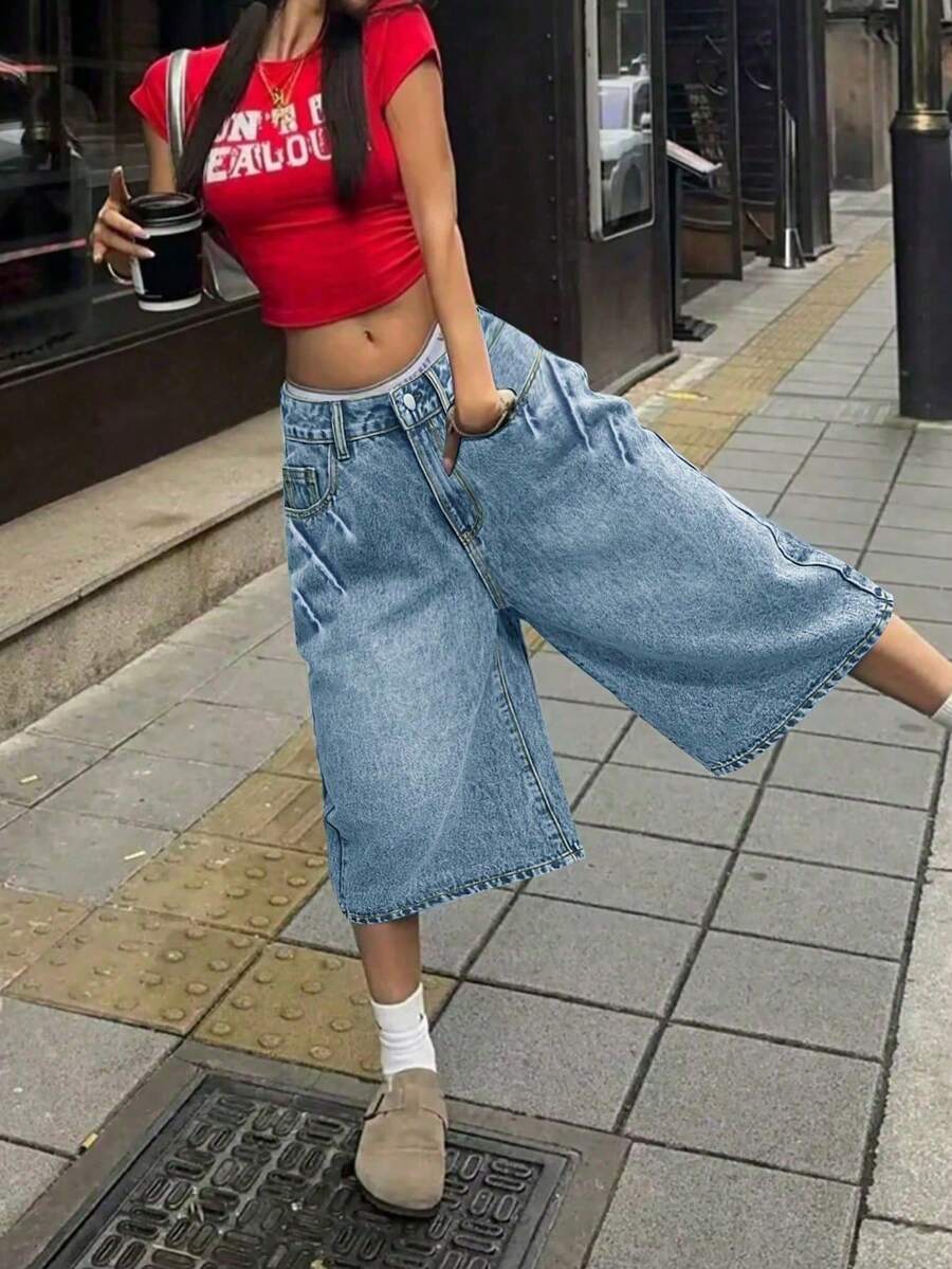 Pantalones cortos vaqueros de pierna ancha con bolsillos y efecto lavado con bigotes de gato, estilo vintage Y2K, pantalones capri casuales, para festivales de música Y2K en verano - Cesta de flores fritas - Ver 1
