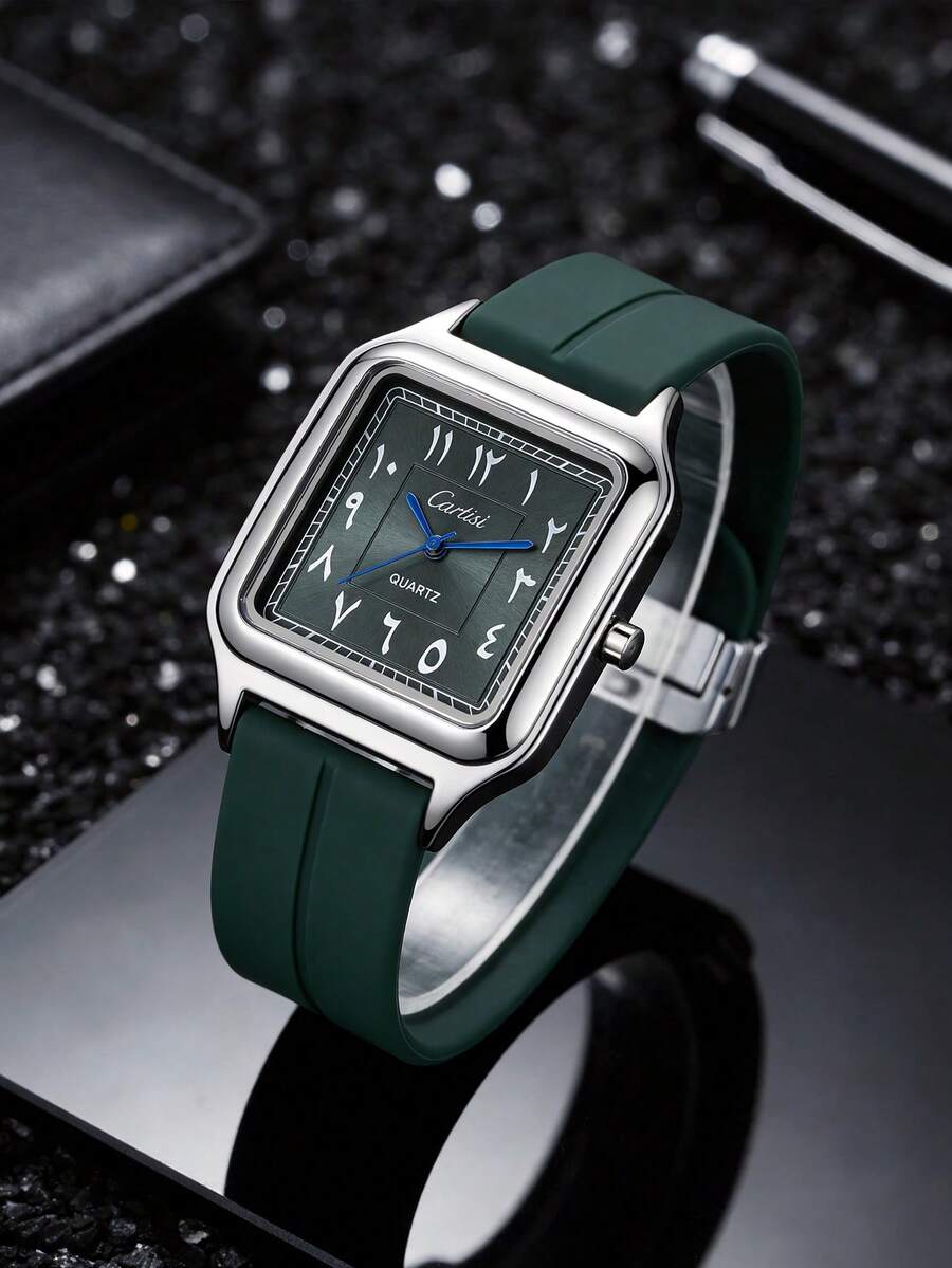 1pc Elegant Vintage Men's Quartz Watch, Square Dial With Arabic Numerals, Premium Alloy Case, Silicone Strap, Fashionable And Minimalist, Suitable For Daily Commute, Office, Casual And Sports, Perfect Match For Modern Casual Wear, Ideal For Travel, Work, Party And Wedding, Great Gift For Boyfriend, Brother, Friend And Family, Perfect For Birthday, Anniversary, Valentine's Day And All Special Occasions, Exquisite Wrist Accessory - Green - View 1