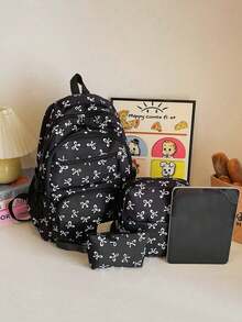 Set de 3 piezas de mochila con estampado de lazo de nylon, mochila plegable con múltiples bolsillos y gran capacidad con cremallera, adecuada para adolescentes y estudiantes de secundaria - Negro - Ver 3