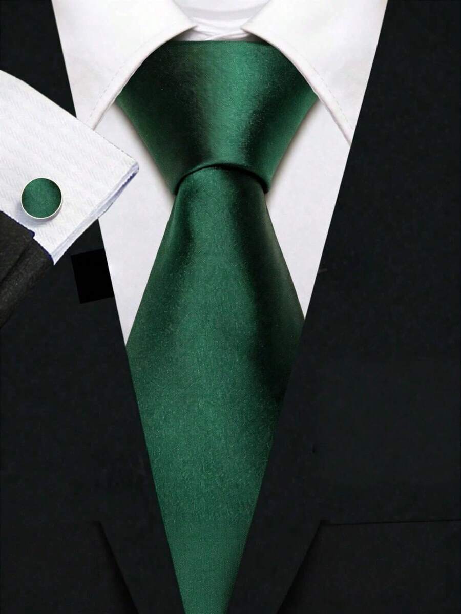 1件純色男士領帶套裝，男士商務正式 (8cm) 1條領帶、1對袖扣套裝，適用於商務職場、婚禮派對 - 墨綠色 - 查看 1