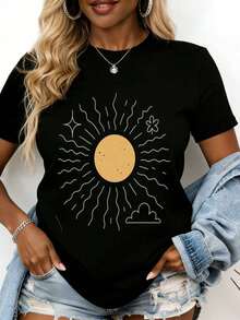 Camiseta con Estampado de Sol y Flores para Mujer, Ropa Casual de Verano, Adecuada para Ocio y Actividades Deportivas - Negro - Ver 1