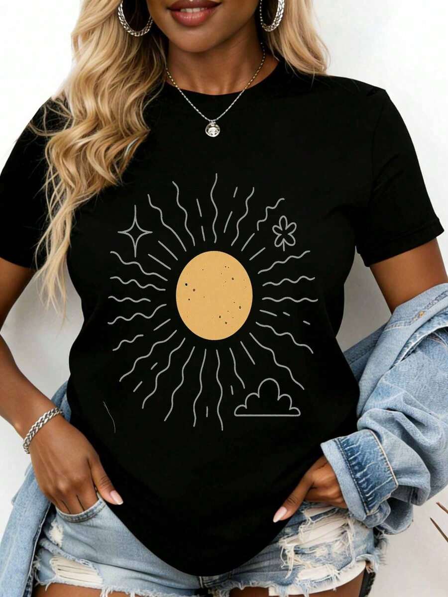 Camiseta con Estampado de Sol y Flores para Mujer, Ropa Casual de Verano, Adecuada para Ocio y Actividades Deportivas - Negro - Ver 1