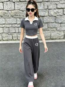 Tween Girl Cartoon Print Short Sleeve Top + Pants Set - Dark Grey - View 1