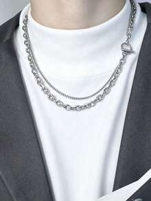1 buah Kalung Hip Hop Pria Minimalis Dua Lapis, Kalung Berlapis-lapis - Perak - View 3