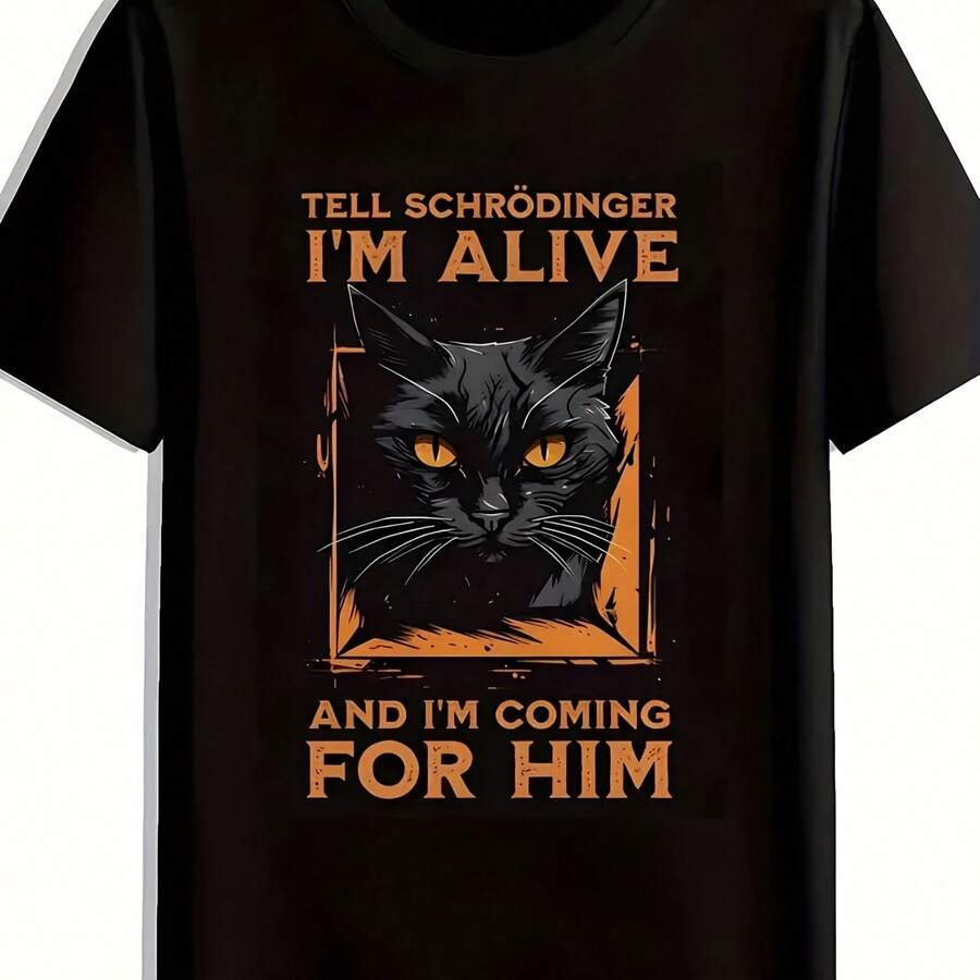 Men's Vintage Orange-Eyed Cat T-Shirt With Schrodinger's Design, Humorous Meme Tee, Hip Hop, Harajuku Y2k, Oversized Cotton Casual Wear - 彩色 - 查看 1