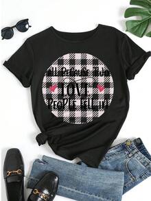 Dam T-shirt i ren bomull med kort ärm, casual sommarbas topp med kärlekscitat-tryck - Svart - Visa 5