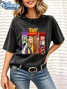 Toy Story Print Pattern Short Sleeve T-Shirt, Unisex, Vintage Design, Cotton Fabric, Loose Fit, Everyday Casual Wear, Black Washed T-Shirt - 黑色 - 查看 3