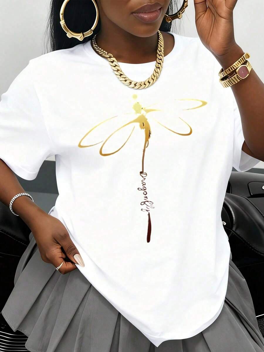 Camiseta Blanca con Diseño de Libélula Dorada y Estampado de Firma, Top Casual de Verano para Mujer, Camiseta Gráfica a la Moda, Estilo Streetwear, Idea de Regalo para Cumpleaños o Aniversar - Blanco - Ver 1