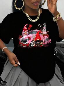 Gnomos Enamorados 4Pink Truck Camiseta con Estampado de Pareja de Gnomos de San Valentín para Mujer, Regalo Romántico para el Día de San Valentín, Top de Moda Romántica - Negro - Ver 1